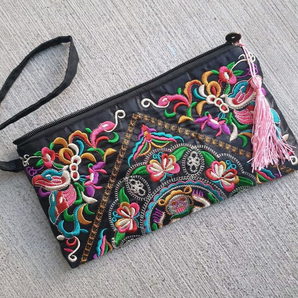 Mexican Colorful Embroidered 10x6 Small Wristlet Bag Sectioned Purse Clutch